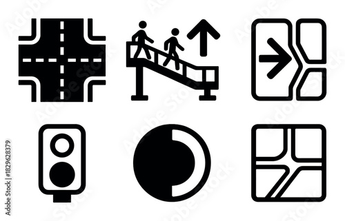 Collection of urban transportation icons including road signs and escalator symbols