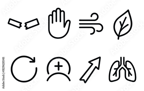 Minimalist environmental and health icons: hand, leaf, recycle, lungs, air, growth, broken