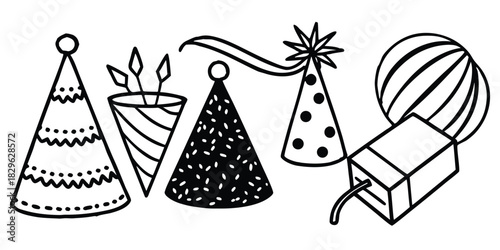 Collection of black and white party icons including hats and balloons