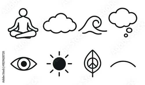 Simple icons: meditation, clouds, wave, thought, eye, sun, leaf, balance