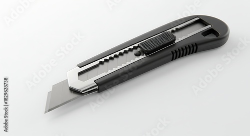 Overhead studio shot of a black and silver utility knife on a clean white background