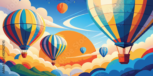 Colorful hot air balloons floating above clouds with a planet in the background