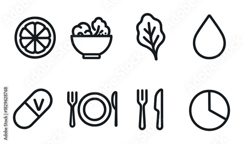 Healthy lifestyle icons set: vegetables, hydration, vitamins, nutrition, dining