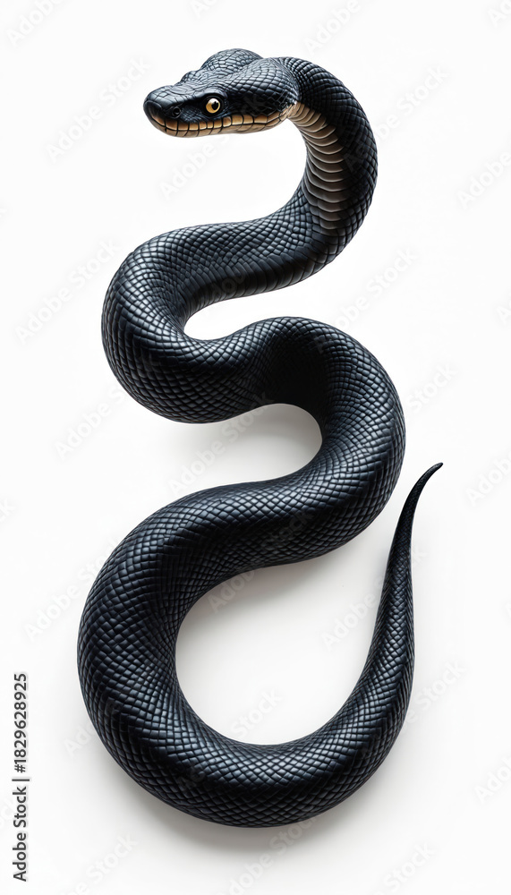 Fototapeta premium Black mamba illustration against a white background. Realistic detailed snake in a dynamic pose. Visual art of a dangerous reptile for print or web.