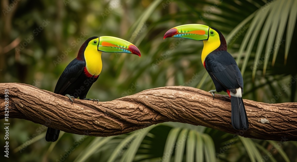 Obraz premium Two toucans with bright yellow and black feathers perch on a twisted branch surrounded by green palm leaves. Perfect for tropical wildlife themes, nature projects, or exotic bird content.