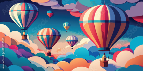 Colorful hot air balloons float through a vibrant dreamlike sky