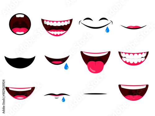 A collection of expressive cartoon mouth illustrations showing various emotions like laughter, smiles, and crying, isolated on a white background for character design