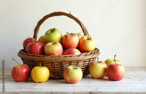 Wallpaper Mural Wicker basket overflows with assorted ripe apples. Red, green, and yellow fruits sit on a wooden table. Healthy organic produce ready for harvest and eating. Torontodigital.ca
