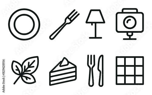 Minimalistic icons of kitchen utensils and home items on olive background