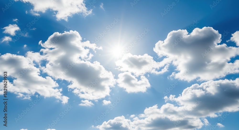 Fototapeta premium Bright sun shining through fluffy white clouds in a vibrant blue sky. Perfect for weather themes, outdoor projects, uplifting designs, spiritual concepts, and positive messaging materials.