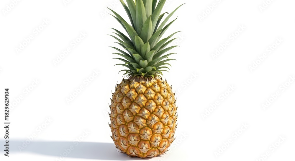 Fototapeta premium A vibrant, ripe pineapple with a green leafy crown stands upright against a clean white background, showcasing its textured skin and tropical appeal.