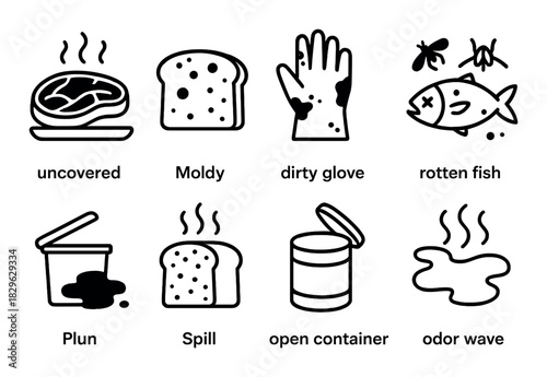 Spoiled food icons: moldy bread, rotten fish, spills, odors