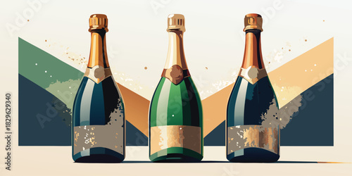 Three elegant champagne bottles arranged diagonally for celebration