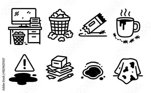 Cluttered office icons: desk, trash, snack, coffee, alert, packages, spill, cloth