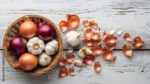 A top down view of onions and garlic in a basket with onion peels on a white wooden surface