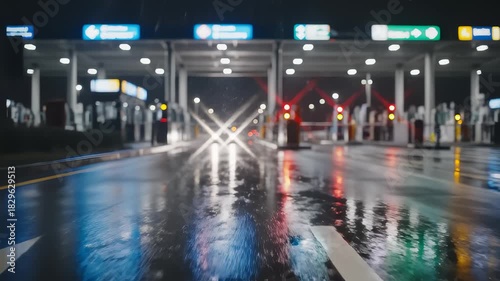 Car Driving Through Highway Toll Booth on a Rainy Night