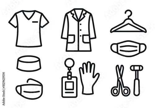 Healthcare icons: uniform, lab coat, mask, tools, and accessories black and white set