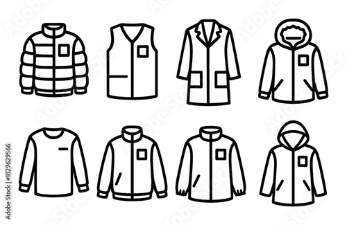 Assorted outerwear silhouettes: jackets, coats, and vests in minimalist icons