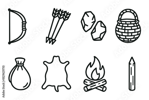 Primitive hunting and gathering icons: bow, arrows, stones, basket, sack, hide, fire, stick