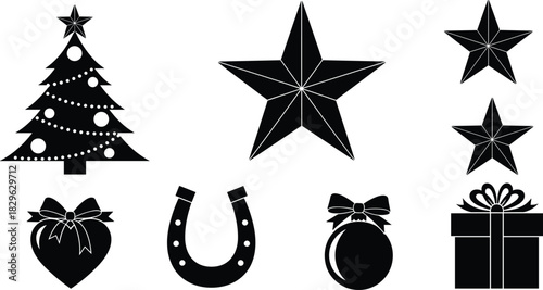 Christmas silhouette icons set, tree star ornament, heart bow, lucky horseshoe, round bauble, wrapped gift, festive decorations for holiday designs