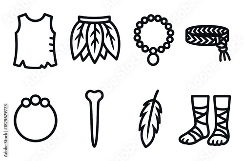 Ancient tribal accessories set with necklace, bracelet, and feathers