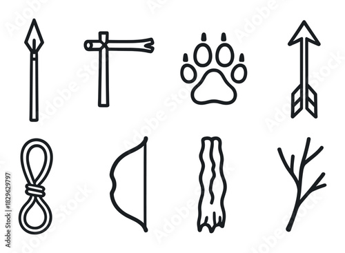 Set of wilderness survival icons: tools and symbols for outdoor adventure
