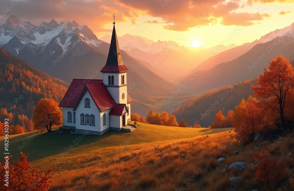 Fototapeta premium White church with red roof stands on hill. Mountains with snow peaks and valley are in background. Autumn trees glow orange, yellow, red in warm sunset light. Sky shows dramatic clouds at golden hour.