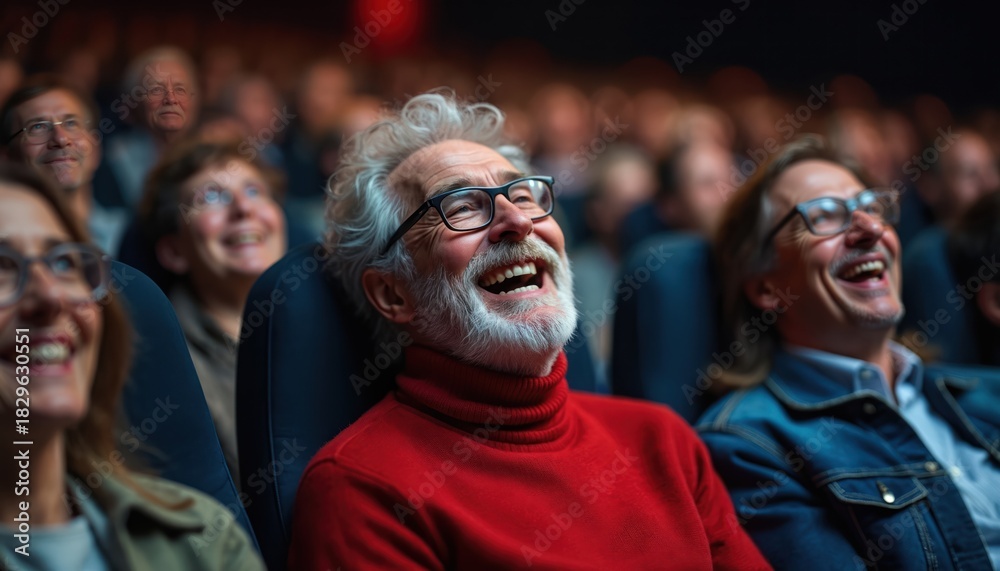 Obraz premium Elderly man laughs heartily watching comedy show in packed theater venue. Diverse audience members share joy, amusement, experiencing live humor performance together. Excited seniors enjoy