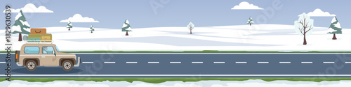Landscape banner background of traveling car snow covered asphalt road. Rolling hills are covered with thick snow and sparsely planted trees. Under soft sky and white clouds. Roads in snow or winter.
