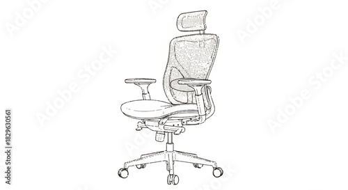 Ergonomic Office Chair with Adjustable Headrest and Armrests, a Detailed Line Drawing
