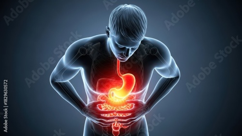 Illustration of 3d rendering of a man clutching his stomach in pain, highlighting the inflamed stomach and digestive system with glowing red light to represent illness or discomfort