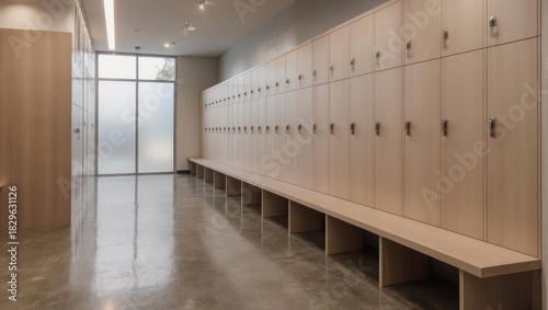 Modern Locker Room with Wooden Lockers and Bench Seating.