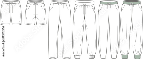 Men’s casual pants and shorts fashion sketch, front view garment template, CAD drawing, flat vector, clothing design styles