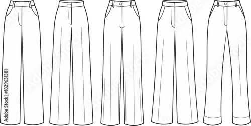 Wide-leg pants fashion sketch, front view garment template, CAD drawing, flat vector, clothing design, pleats pockets waistband styles