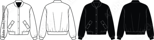 Bomber jacket front and back view, button-up fashion sketch, apparel CAD drawing, flat vector, garment template, technical silhouette