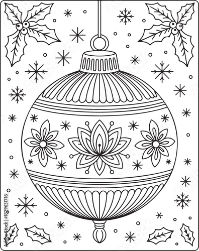 Ornamental Bauble Decorative Geometric Line Art Vector Holiday Greetings Card Invitation Template Celebration Seasonal Decoration 130 Char