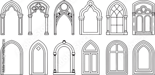 Medieval Gothic Arches and Windows Set Architectural Elements Collection Line Art Vector Illustration for Historical Buildings 130 Char