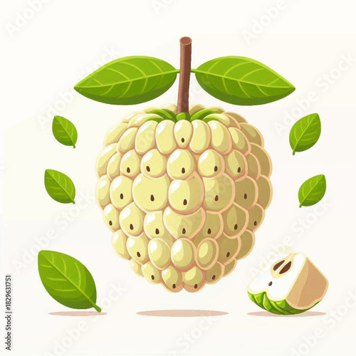A lightyellow sugar apple fruit with leaves and a cut slice isolated on a white background