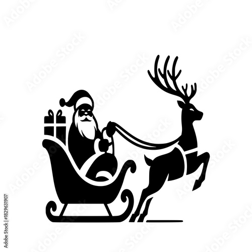 Cute cartoon Santa Claus riding a sleigh with reindeer near a Christmas tree
