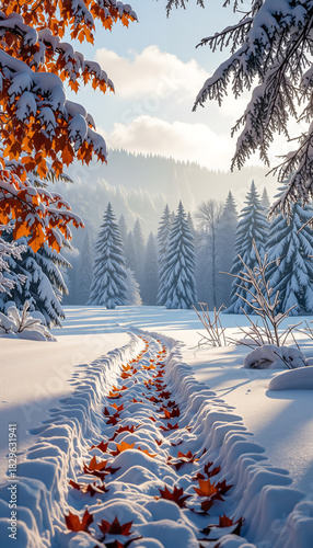Snow-covered path with autumn leaves in a winter forest  