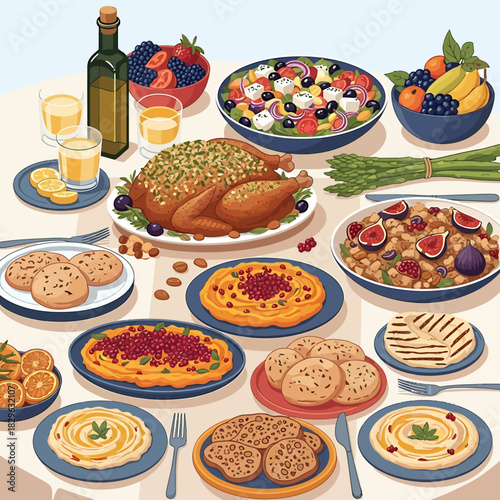 A vibrant illustrated feast on a dining table with roast turkey, fresh salads, hummus, and fruits for a holiday gathering