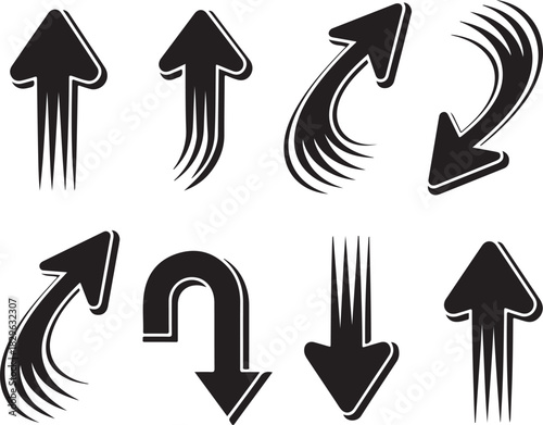 Set of Eight Black Arrow Silhouettes with Speed Trails on a Transparent Background Flat Style Vector Illustration 130 Characters