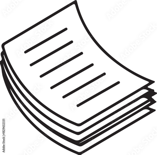 A simple black and white outline drawing of a stack of papers with lines representing text isolated on transparent background silhouette