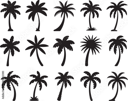 Collection of Black Palm Tree Silhouettes for Tropical Vacation Beach Landscape Art and Summer Time Holiday Graphic Decoration Concept