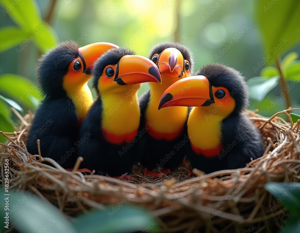 Obraz premium Several baby toucans sit in nest. Young toucans with orange beaks and colorful feathers. These birds stay close together. Cute animal photo shows wildlife nature in tropical rainforest.