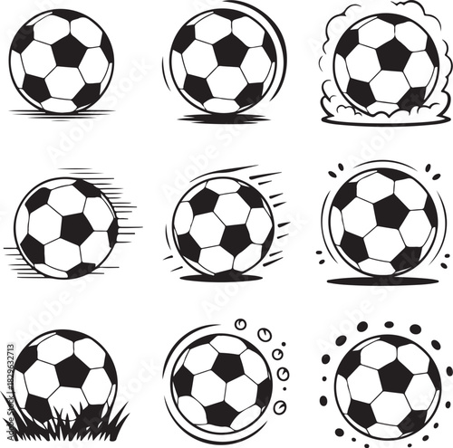 Soccer Ball Icons Set Line Art Black and White Sport and Recreational Game Illustration Isolated on Transparent Background 130 Characters