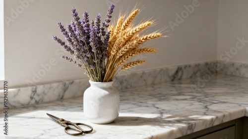 Minimalist dried flower bouquet in white ceramic vase, home decor