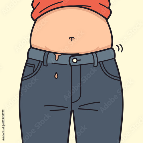A cartoon illustration of an overweight person with a large belly hanging over tight jeans, a concept for weight gain, diet, and health