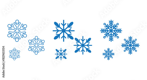 Collection of stylized blue snowflakes in various sizes and designs on a clean white background, ideal for winter icons, Christmas decorations, web graphics, packaging, patterns and seasonal design pr