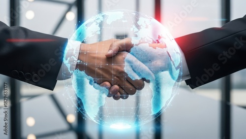 Illustration of business partnership handshake overlaid with a glowing digital globe symbolizing global agreement, international deal, and worldwide connection in a modern office setting